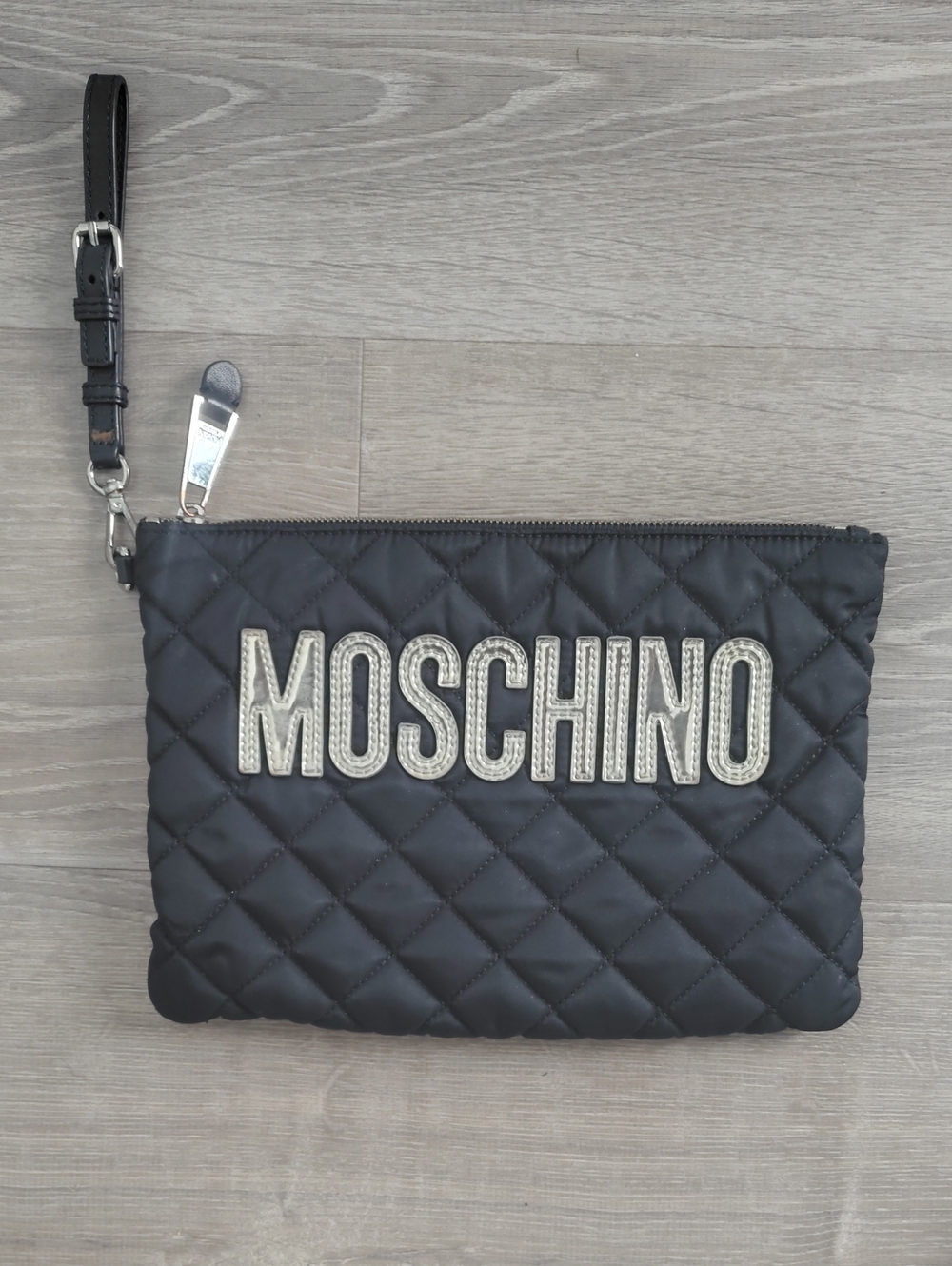 Moschino Black Quilted Logo Wristlet with Silver Accents